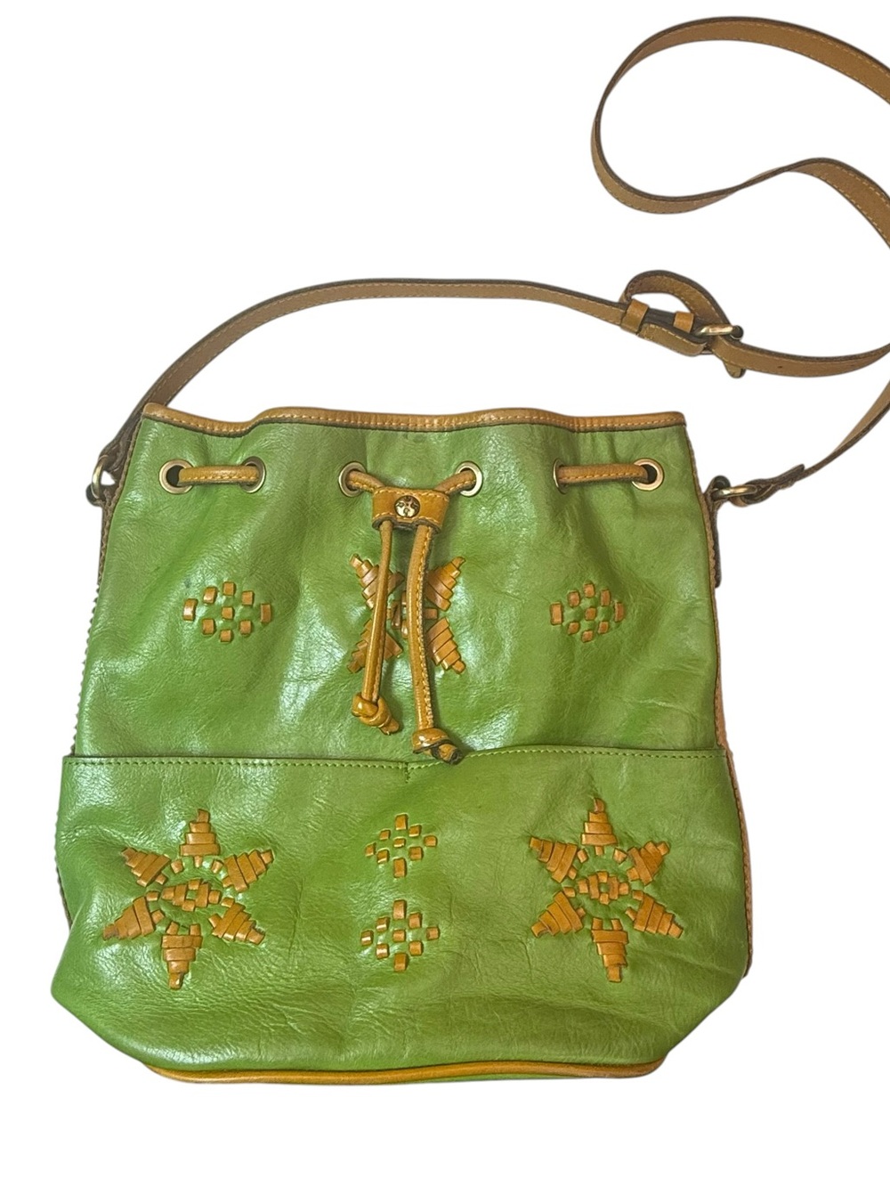 Patricia Nash Brindisi Avocado Green Leather Woven Star Bucket Bag